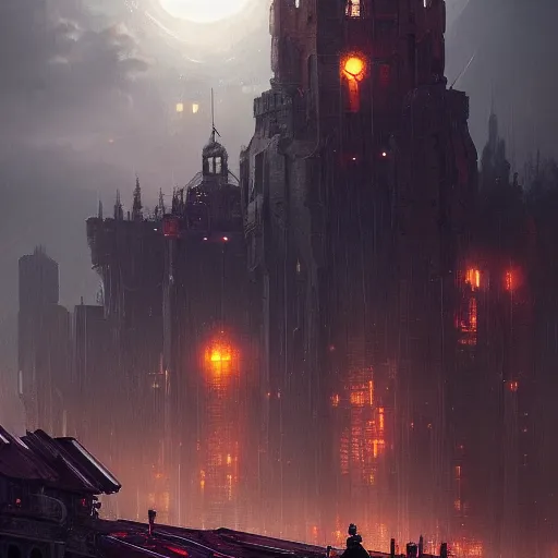 Prompt: a cyberpunk setting, dramatic light, castle background, clouds, moon, storm, night, high detail, fantasy background, painted by greg rutkowski, digital art, trending on artstation