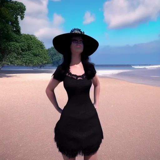 Prompt: unreal engine ue 4 high detail render of a well developed goth girl with brunette hair and bangs, a black tube top, a tiny blue skirt, fishnets, and a large black gothic sunhat at the beach disney style 4 k