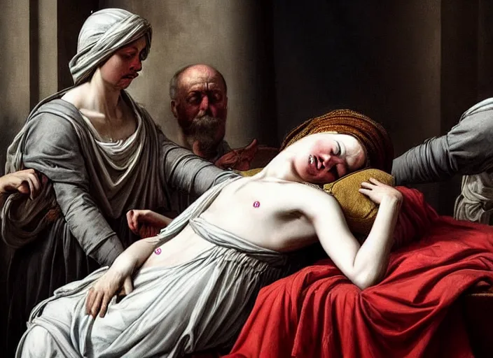 Image similar to this sorrowful picture illustrates the poignant death of lucretia which led to a revolt that overthrew the monarchy and established the republic of rome. hyperrealism, intricate details, trending on artsation