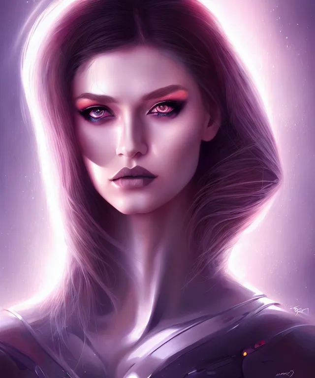 Image similar to futuristic woman portrait, sci - fi, amber eyes, face, long hair, fantasy, intricate, elegant, highly detailed, digital painting, artstation, concept art, smooth, sharp focus, illustration, art by artgerm and marta dahlig