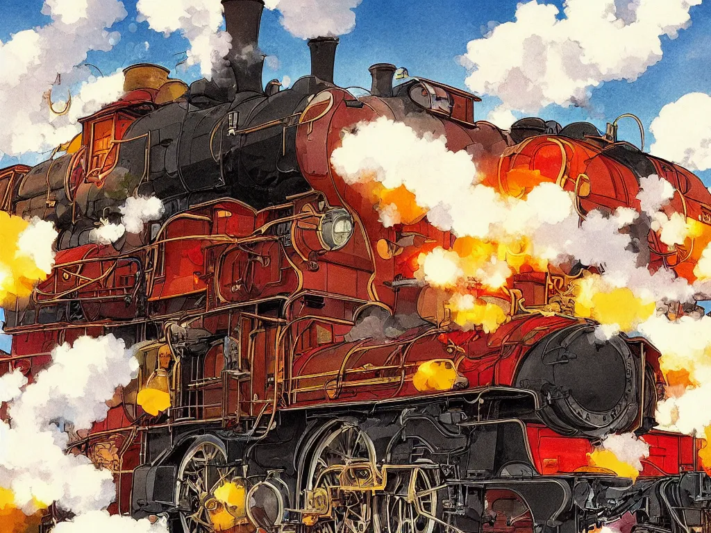 Image similar to cross - section close - up view of a steam anime train, autumn light, colorful, smoke, beautiful, by studio ghibli, digital art, concept art, manga, cute and adorable, illustration