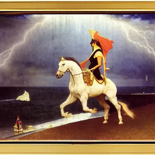 Image similar to Magician riding a horse leaving the castle through the bridge, thunderstorm, beach ocean on the background major arcana sky, by paul delaroche, alphonse mucha and arnold böcklin arnold böcklin hyperrealistic 8k, very detailed