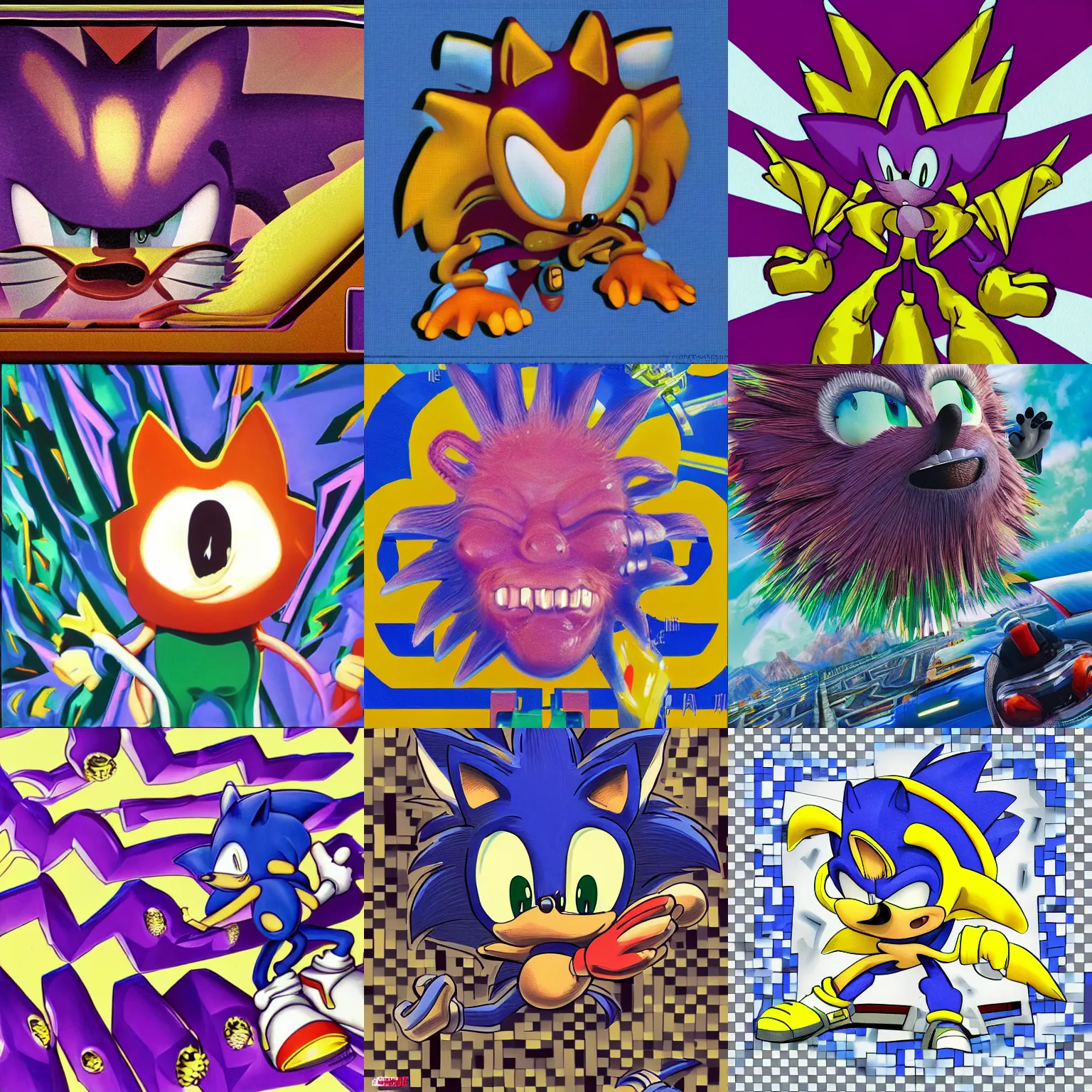 Prompt: sonic hedgehog portrait deconstructivist claymation scifi noxious matte painting lowbrow tongue surreal ruthless sonic hedgehog, airbrush art sonic the hedgehog swimming through tasteless dreams purple totally radical squeamish checkerboard background 1 9 9 0 s 1 9 9 2 sega genesis