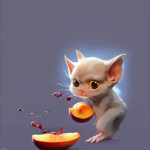 Image similar to An adorable gremlin cat stealing a peach, by Stanley Artgerm Lau, WLOP, Rossdraws, James Jean, Andrei Riabovitchev, Marc Simonetti, and Greg Rutkowski, trending on artstation