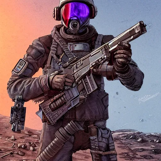 Prompt: a cyberpunk soldier with tactical gear and a rifle on mars, Industrial Scifi, detailed illustration, character portrait, by Martin Grip and Moebius