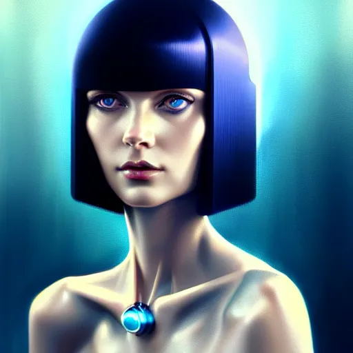 Image similar to woman with dark bobcut haircut with friendly blue eyes and slim features looking askance, eye cyberpunk bionics, retro futurist style, intricate, elegant gleaming jewelry, angelic halo, highly detailed, digital painting, artstation, concept art, smooth, sharp focus, illustration, art by wlop, mars ravelo and greg rutkowski,