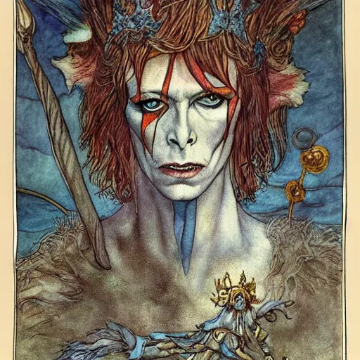 Prompt: David Bowie as the Fairy King, portrait, illustration by Brian Froud and John Bauer, black lineart