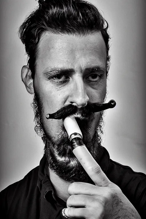 Prompt: mark mann photography, a male portrait, black hair, moustache, smoking a pipe