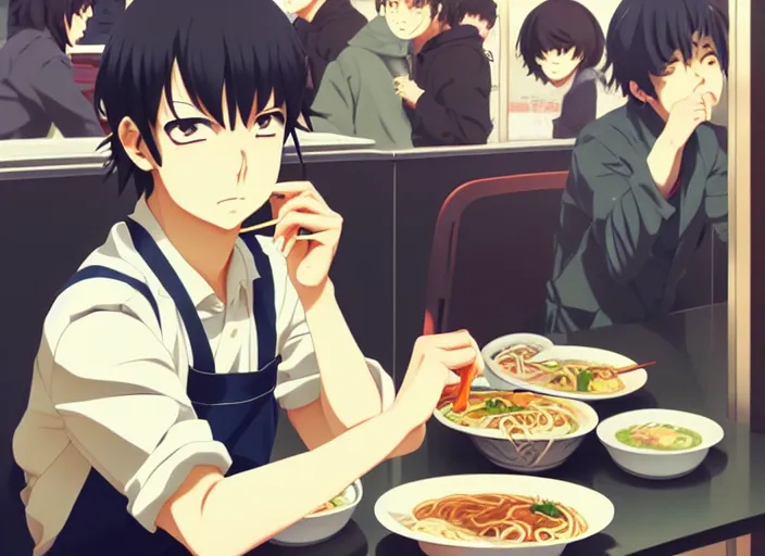 Prompt: anime visual, full body illustration a young man having lunch at a ramen stand, handsome face by ilya kuvshinov, yoshinari yoh, makoto shinkai, katsura masakazu, dynamic perspective pose, detailed facial features, kyoani, rounded eyes, crisp and sharp, cel shad, anime poster, ambient light,