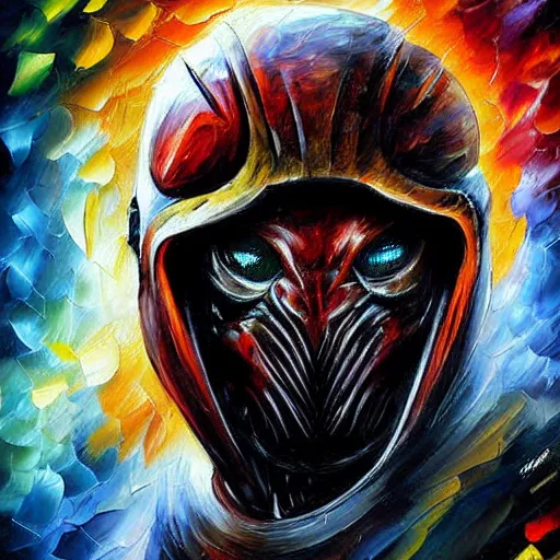 Prompt: digital painting of The Predator by Leonid Afremov, alien helmet and armor