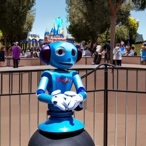 Prompt: DISNEYLAND, JUNE 18 2050: Cute Pixar Helper Robot Greets Visitors at Entrance