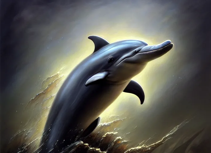 Image similar to wideangle!! portrait shot of a dolphin wearing mideval armor, intricate, elegant, highly detailed, centered, digital painting, artstation, concept art, smooth, sharp focus, illustration, artgerm, tomasz alen kopera, peter mohrbacher, donato giancola, joseph christian leyendecker, wlop, boris vallejo