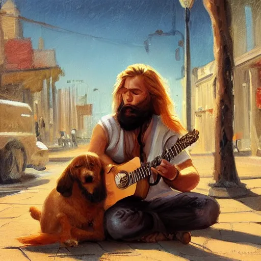 Image similar to oil painting of a young man with long hair blond and a beard hippie style with his golden retrever dog playing guitar in the square for money, people watching around, by greg rutkowski, artstation