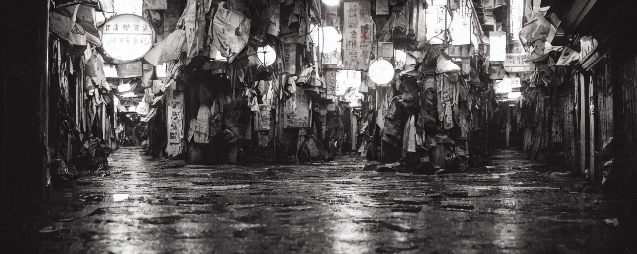 Prompt: dynamic pov 28mm lens view, following a black clad man running through a crowded narrow alley in kowloon walled city, , fluorescent lights, night, rain,, tungstem color balance, cinestill, street photography