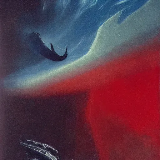 Prompt: the epic abstract painting'blue arctic void with black and red aurora borealis above a pod of humpback whales ', by caspar david friedrich!!!, by rothko!!!, stunning masterpiece, trending on artstation