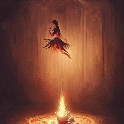 Image similar to “a beautiful girl performing a satanic ritual by Greg Rutkowski, dark fantasy, realism, trending on Artstation”