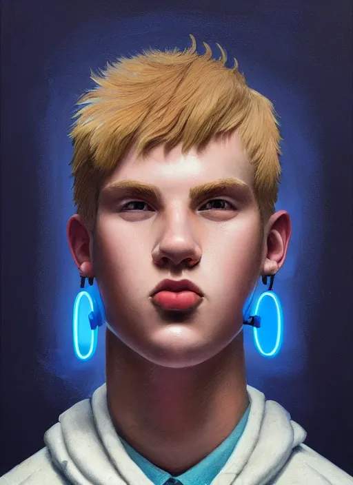 Prompt: portrait of high school senior boy named big moose, blonde short hair, jock, beefy, wide face, square jaw, square facial structure, blue varsity jacket with the word moose, intricate, elegant, glowing lights, highly detailed, digital painting, artstation, concept art, sharp focus, illustration, art by wlop, mars ravelo and greg rutkowski