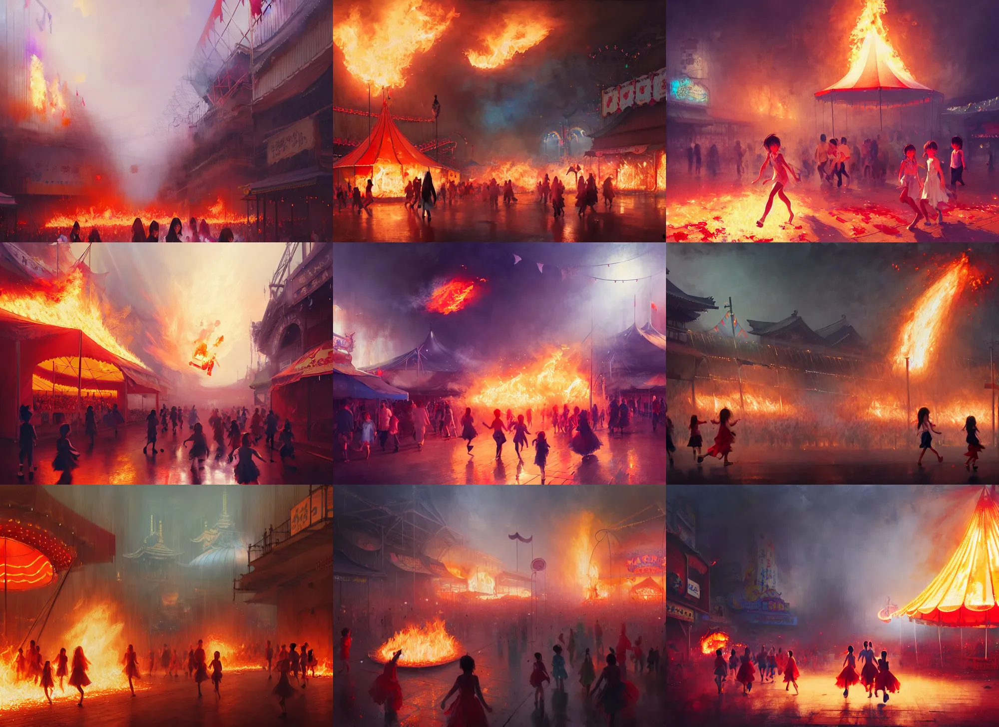 Image similar to young girls running through small carnival amusement on fire, inferno flames, motion blur, food stalls, big top circus tent, roaming entertainers, bloom, heavy fog, highly detailed, magical, japan mountains, digital painting, concept art, matte, art by ruan jia and wlop and greg rutkowski and makoto shinkai, masterpiece