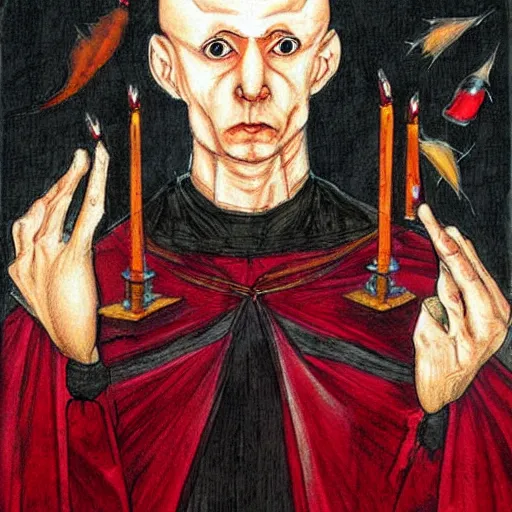 Image similar to d & d painting portrait necromancer man with bald head, red eyes, pallid skin, long flowing black and red robes. in style of leonardo davinci