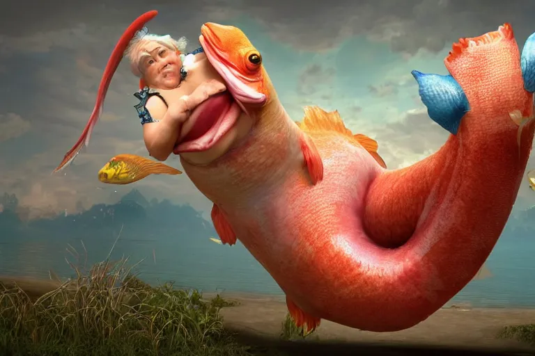 Prompt: of a very beautiful scene. ambient occlusion render. a sweet fat old woman is dancing with a huge colorful fish. hyper realistic. 4 k. wide angle. wild happiness. symmetrical face, red mouth, blue eyes. deep focus, lovely scene. ambient occlusion render. concept art. artstation. unreal engine.