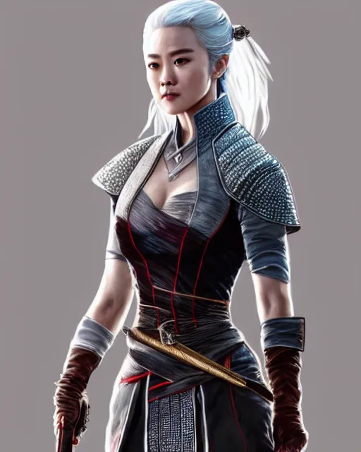 Image similar to Zhang Ziyi as Ciri from Witcher 3 by Artgerm and Greg Rutkowski, wearing haute couture by schiaparelli, sharp focus, sun rays, intricate, elegant, highly detailed, digital painting, masterpiece.