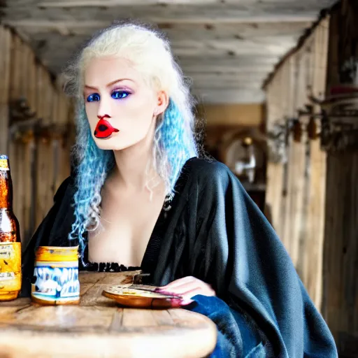 Image similar to a woman sitting at a table covered in empty beer mugs, a beautiful english woman with a long face narrow nose pale skin blue eyes red lips and wild messy tangles of curly white blonde hair, high resolution film still wearing a black robe drinking at a table, sandy, a journey to the west