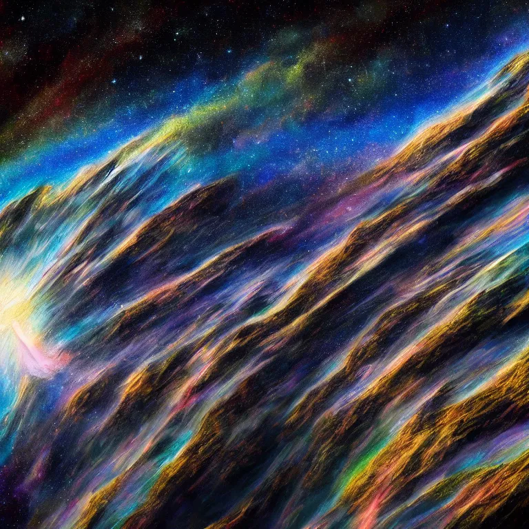 Image similar to a beautiful artistic painting of mountain line in outer space, mountain label, methocosmos or outer space, almost like in the sky or all in the amazing outdoors view, long exposure, 8 k resolution, trending on artstation