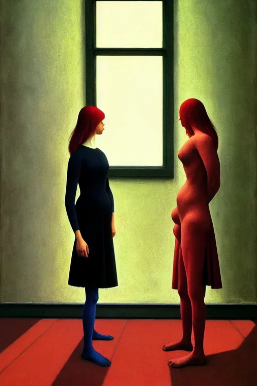 Image similar to twins, sisters, in the void, by the mirror, train station, woman poking tv in her head edward hopper and james gillard, zdislav beksinski, high detail alex colville, otto mueller, stephen conroy, sandro botticelli, andrew newell wyeth, daniel meidman jussi picho octane rendering