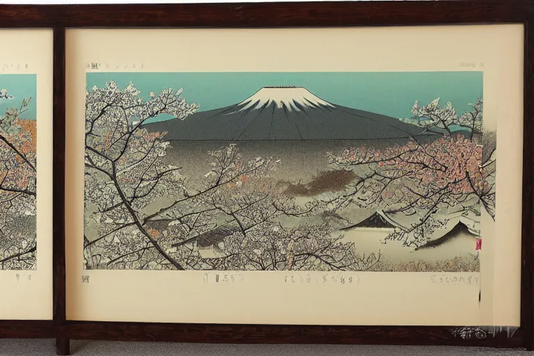 Prompt: Lithograph Print of Late Autumn Evening,Four Seasons of Hometowns in Japan ,art by Taizi Harada.