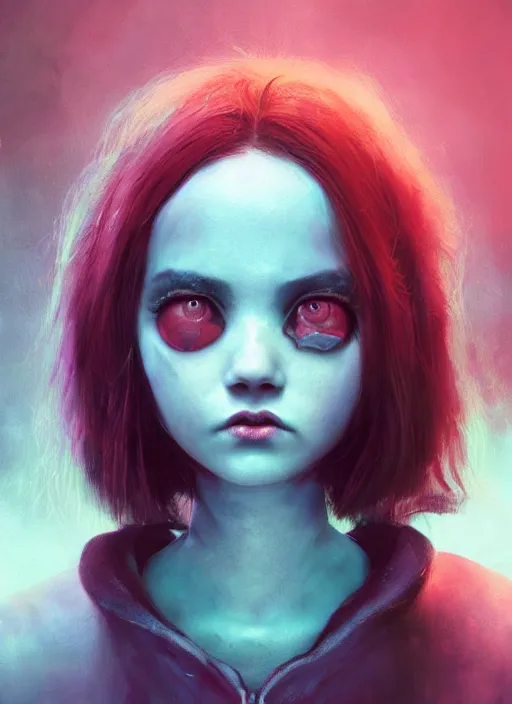 Image similar to portrait of sinister girl with pouty aerochrome lips, fungal, unforgivable, cute bandaid on nose!!, expressive eyes, playful pose of a demon, greg rutkowski, charlie bowater, yuumei, stephen gammell, unreal 5, daz, hyperrealistic, octane render, rpg portrait, dynamic lighting, fantasy art, beautiful face