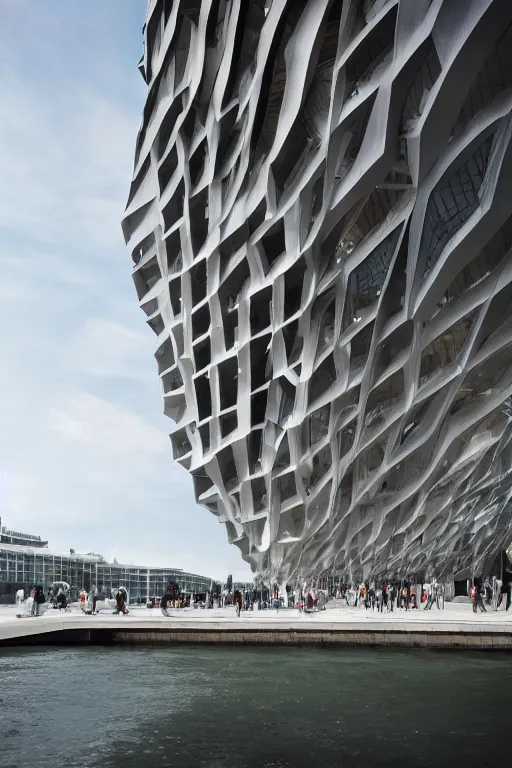 Image similar to a incredible cutting edge new building on the London waterfront designed by bjarke ingels, photo by Annie Leibovitz