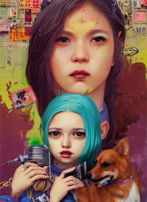 Prompt: beautiful portrait painting of a cute Latin lofi cyberpunk princess and her corgi assassin king, by Afarin Sajedi, Alessandro Barbucci, Alex Gross, Shin Jeongho, Shohei Otomo. trending on Artstation, 8k, masterpiece, face enhance, graffiti paint, fine detail, full of color, intricate detail, golden ratio illustration