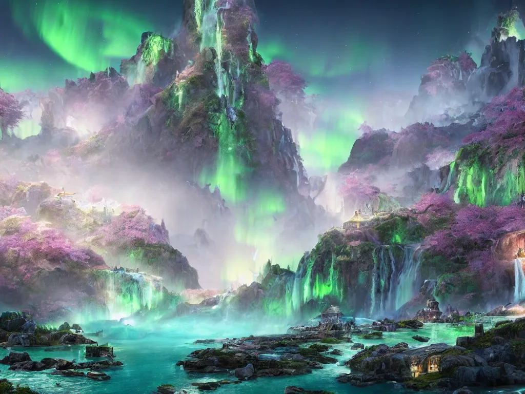 Prompt: a detailed illustration of an epic fantasy landscape featuring waterfalls, mountain city, streams, floating lanterns, cherry blossoms with aurora borealis by alyn spiller and ryan church, 4K, trending in artstation, wide angle, futuristic, octane render