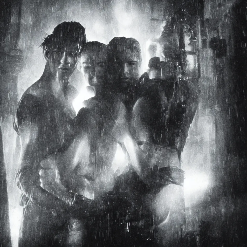 Image similar to old black and white photo, 1 9 3 3, depicting blade runner and replicant, ultra realistic face, leica, historical record, dramatic lighting