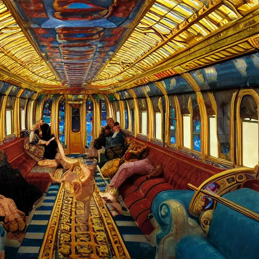 Prompt: clear detailed painting of the inside of the ornate underwater train to atlantis, various weird and wonderful characters sat down, by william powell frith and and frederic leighton, ultra wide angle, 4 k