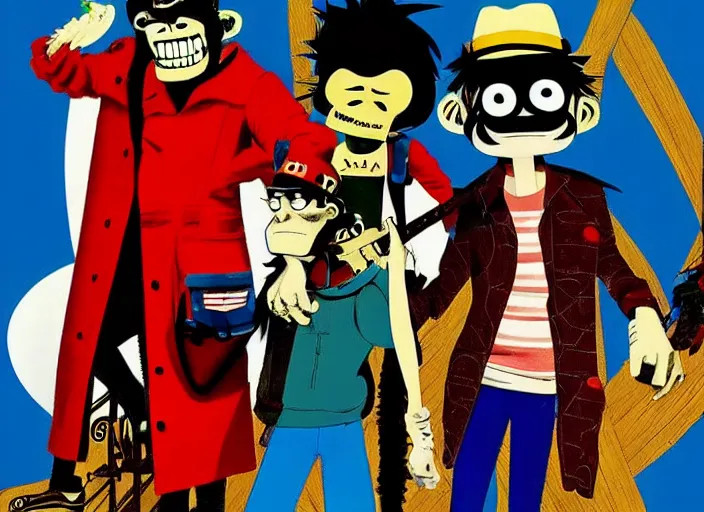 Image similar to gorillaz, official art by jamie hewlett, press shot, four characters in a line, gorillaz style