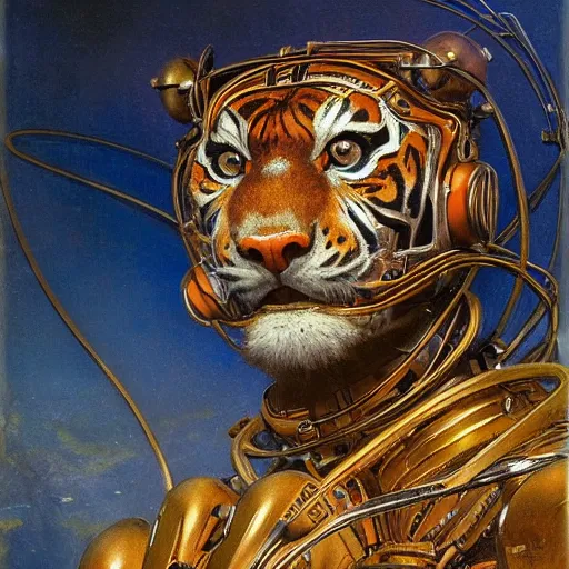 Image similar to highly detailed portrait of a robotic humanoid tiger mecha, painting by gaston bussiere, craig mullins, j. c. leyendecker, lights, art by ernst haeckel, john william godward, hammershøi, alex grey, dmt