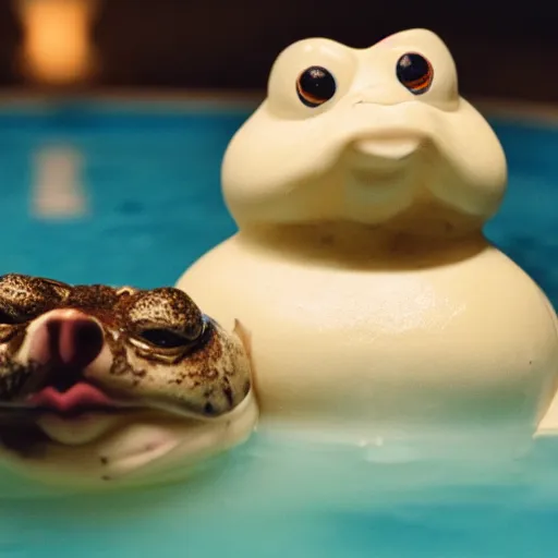 Image similar to cinematic photo of a taxidermized fat wet toad held by a smiling taxidermized snowman in a hot tub eating a skinned rat, vhs copy, film grain, motion blur, bokeh