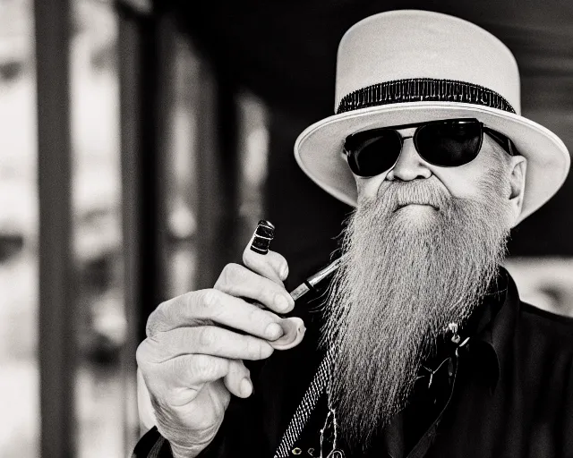 Prompt: billy gibbons smoking a cigar, ( sony a 7 r iv, symmetric balance, polarizing filter, photolab, lightroom, 4 k, dolby vision, photography awardm, voque, perfect face )