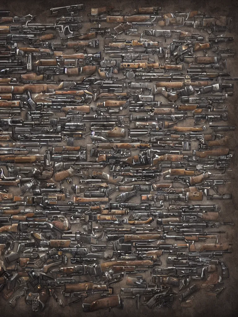 Image similar to wall made of firearms rifles shotguns revolvers and bullets, ultrarealistic, intricate details, 4k, concept art, digital painting