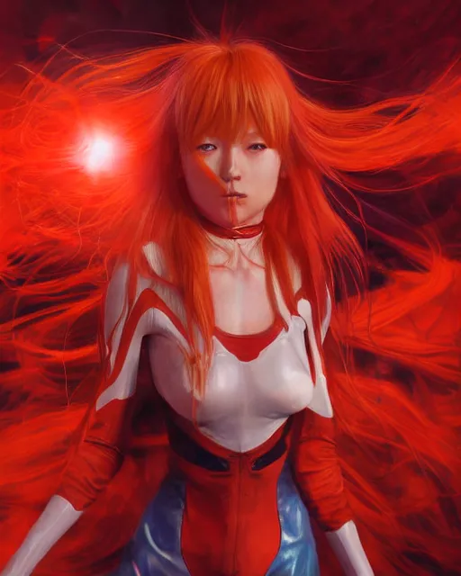 Image similar to asuka langley soryu wearing plugsuit, award winning photograph, radiant flares, realism, lens flare, intricate, various refining methods, micro macro autofocus, evil realm magic painting vibes, hyperrealistic painting by michael komarck - daniel dos santos