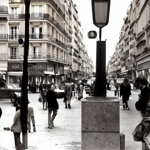 Prompt: a busy street on paris in 1 9 8 0