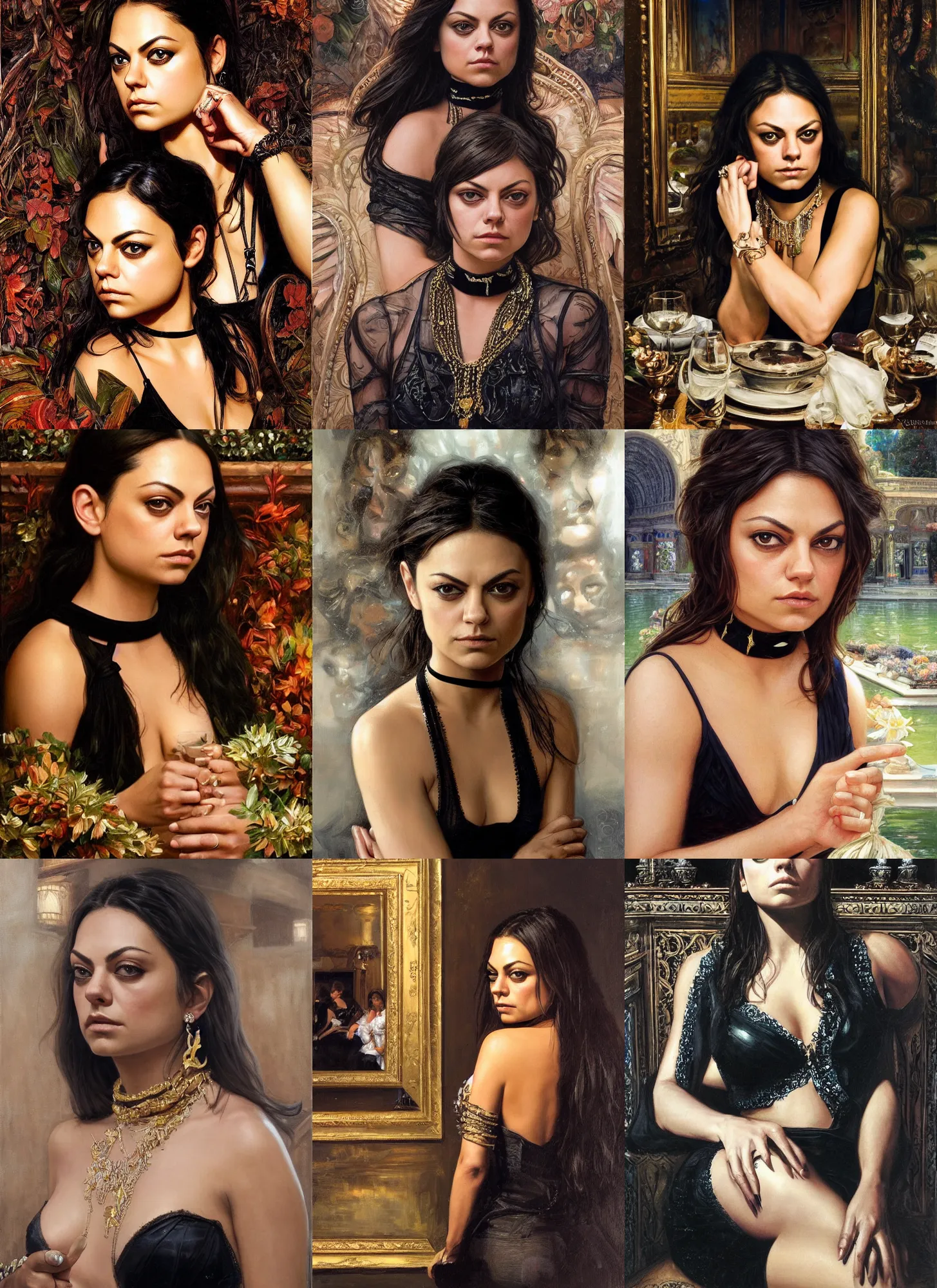 Prompt: ! dream mila kunis sitting cross the camera wearing a black choker staring into the camera, point of view, expensive restaurant, intricate, elegance, highly detailed, shallow depth of field, artgerm, donato giancola, joseph christian leyendecker