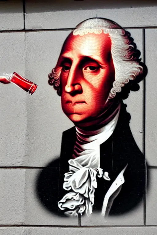 Prompt: george washington drinking a coke with sunglasses on in the style of banksy