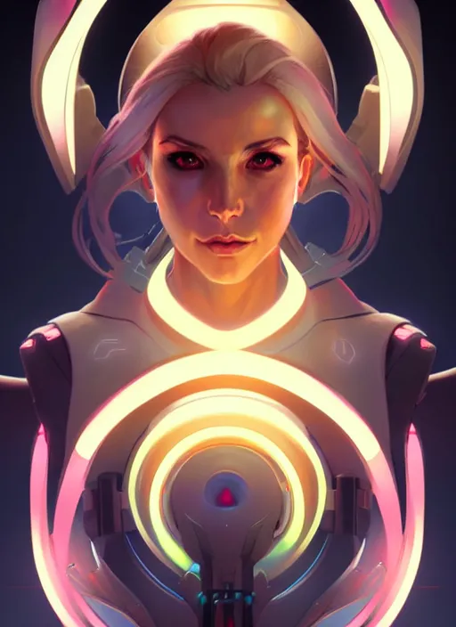 Image similar to symmetry portrait of mercy from overwatch, sci - fi, tech wear, glowing lights intricate, elegant, highly detailed, digital painting, artstation, concept art, smooth, sharp focus, illustration, art by artgerm and greg rutkowski and alphonse mucha