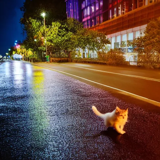 Image similar to fluffy cat crossing the street at night, after rain, reflecting lights, photograph