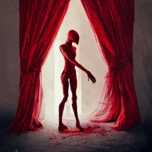 Prompt: pelham puppet behind red curtains, by Conrad Roset and Brooke Shaden and Nicola Samuri , medium shot, rule of thirds, seductive look, beautiful, intricate, dystopian, sci-fi, extremely detailed, digital painting, artstation, concept art, smooth, sharp focus, intimidating lighting, incredible art, details visible, very dark ambiance