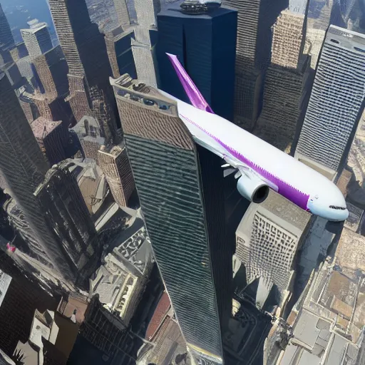 Image similar to Barney the Dinosaur flying a 777 right into one of the world trade center buildings