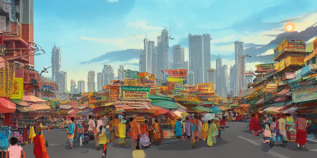 Image similar to little india sundry shop with kuala lumpur twin towers in the background, evening, highly detailed matte painting, studio ghibli, artstation