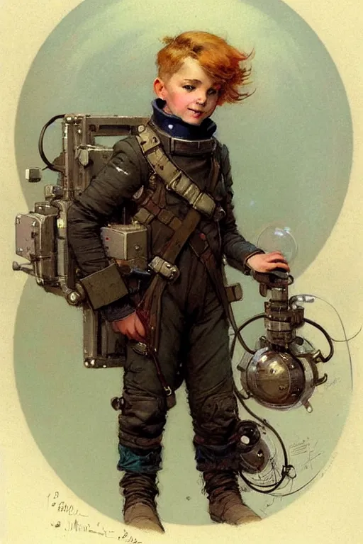 Image similar to ( ( ( ( ( 2 0 5 0 s retro future 1 0 year old boy super scientest in space pirate mechanics costume full portrait. muted colors. ) ) ) ) ) by jean baptiste monge, tom lovell!!!!!!!!!!!!!!!!!!!!!!!!!!!!!!